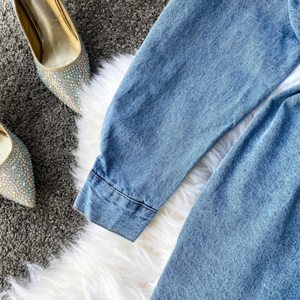 Új modell aktuális női farmer ing hosszú ujjal és övvel táskával