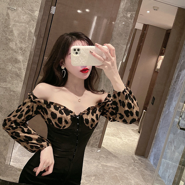 Stiilne pikkade varrukate ja leopardimustriga naiste kleit