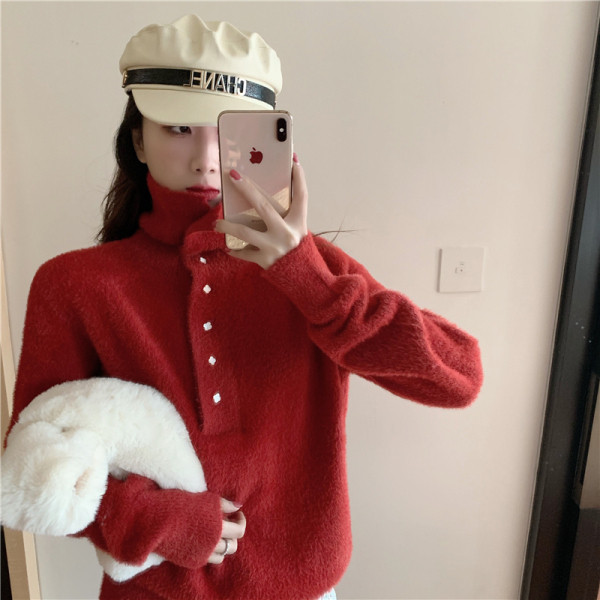 Lai kõrge krae ja nööpidega naiste kampsun