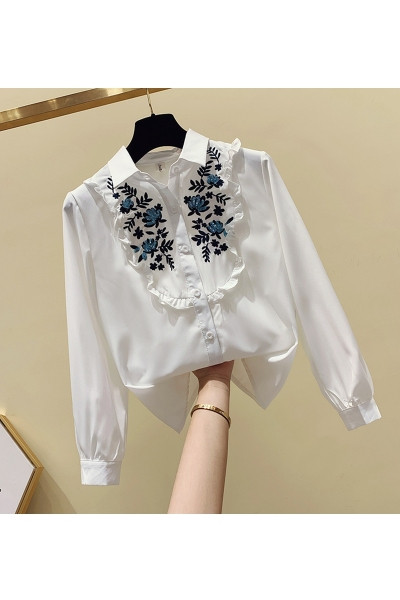 Moodne naiste särk klassikalise kraega, pikkade varrukatega ja lilltikandiga