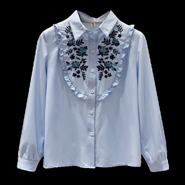 Moodne naiste särk klassikalise kraega, pikkade varrukatega ja lilltikandiga