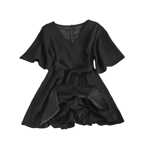 Modern női overall - ruha V-nyakú és derékövvel