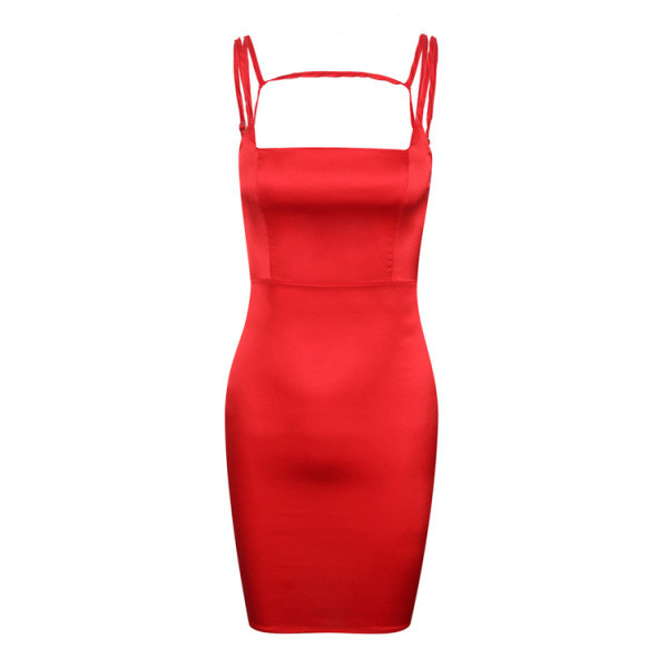 Lühike naiste kleit õhukeste rihmade ja ruudukujulise kaelusega punase värviga