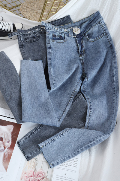 Ежедневни дамски дънки Slim модел с висока талия и нестандартно закопчаване