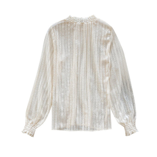 Läbipaistev naiste pluus ovaalse kaelusega ja pikkade varrukatega