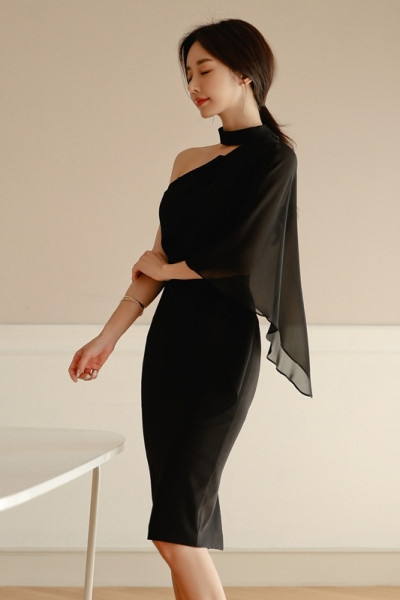 Stiilne naiste kleit laiade varrukate ja kõrge kraega