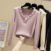 Modern női blúz spitz nyakkivágással és hosszú ujjú fém elemekkel