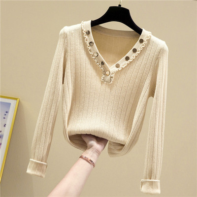 Modern női blúz spitz nyakkivágással és hosszú ujjú fém elemekkel