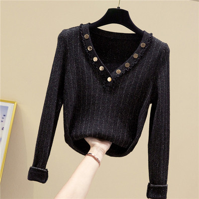 Modern női blúz spitz nyakkivágással és hosszú ujjú fém elemekkel