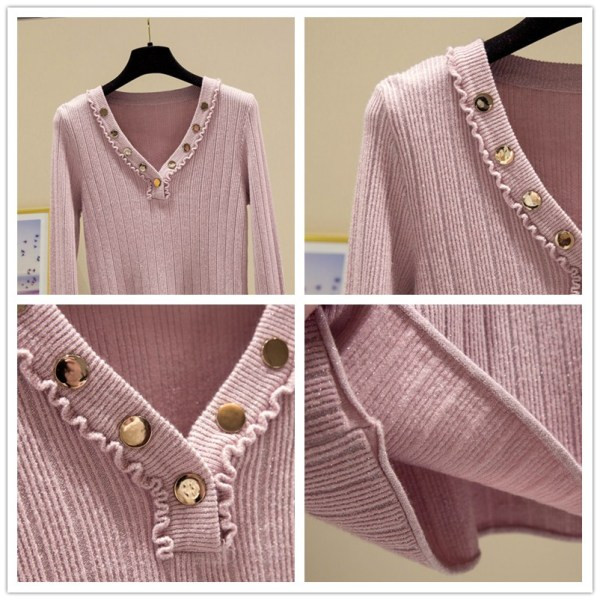 Modern női blúz spitz nyakkivágással és hosszú ujjú fém elemekkel