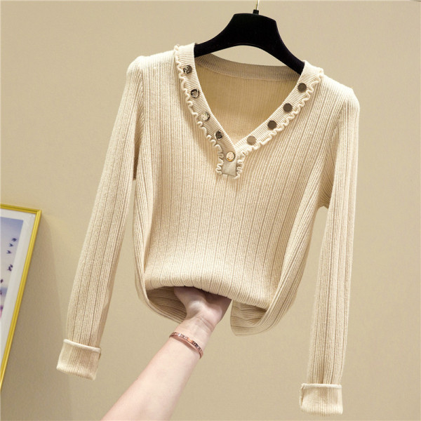 Modern női blúz spitz nyakkivágással és hosszú ujjú fém elemekkel