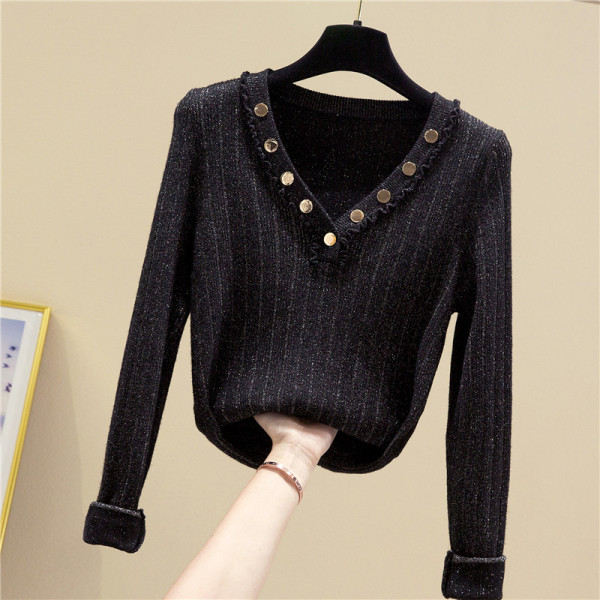 Modern női blúz spitz nyakkivágással és hosszú ujjú fém elemekkel