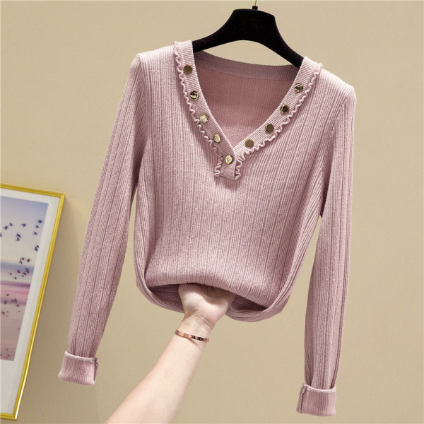 Modern női blúz spitz nyakkivágással és hosszú ujjú fém elemekkel