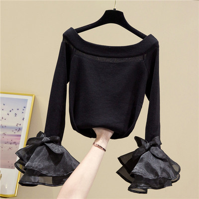 Modern női blúz csónakos nyakkivágással és hosszú ujjú szalaggal