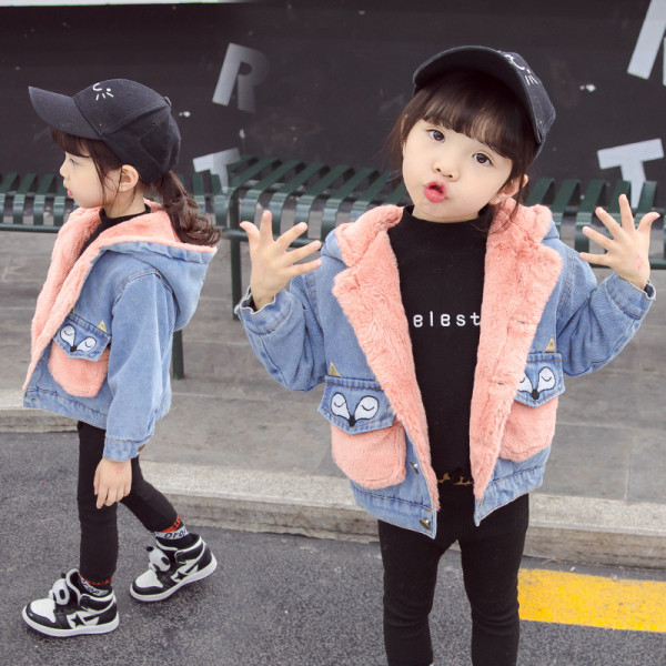 Pehme voodri ja taskutega laste teksajakk tüdrukutele