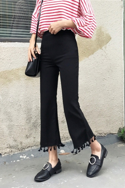 Fekete női széles nadrág magas derékkal és bojttal