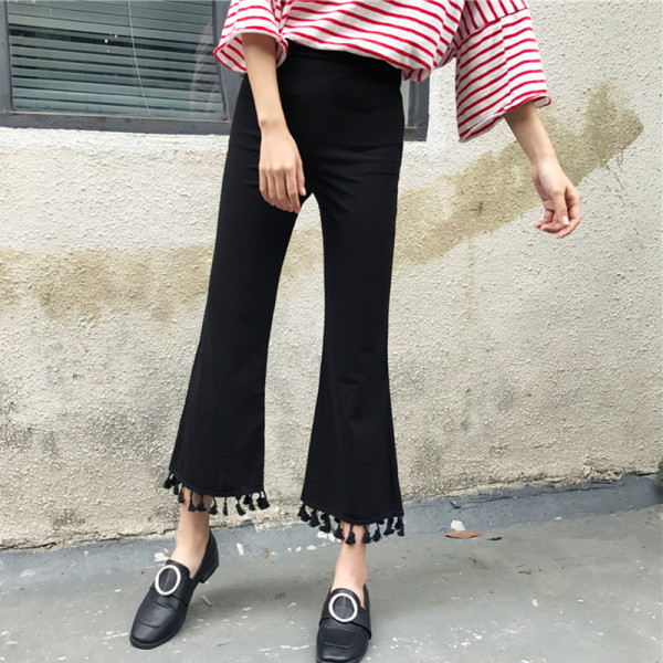 Fekete női széles nadrág magas derékkal és bojttal