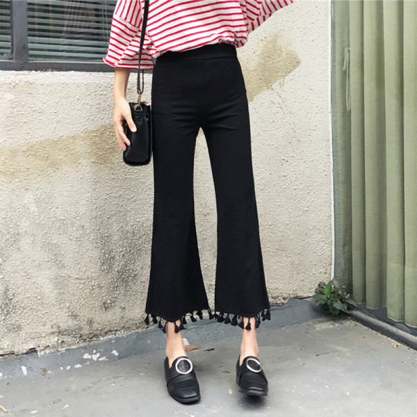 Fekete női széles nadrág magas derékkal és bojttal