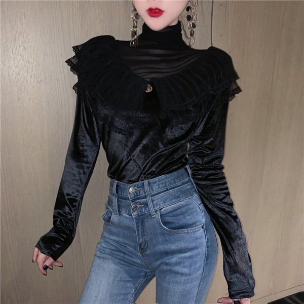 Fekete bársony női blúz békával és magas gallérral