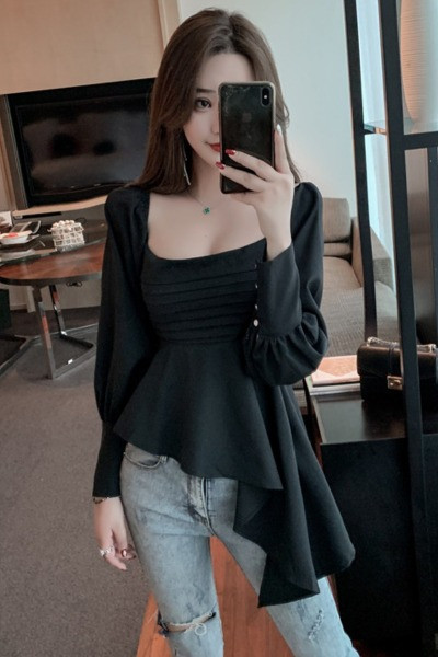 Modern női aszimmetrikus blúz négyzet alakú nyakkivágással