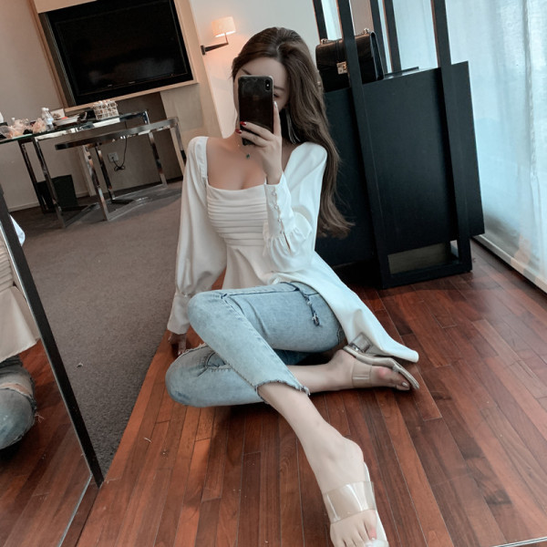 Modern női aszimmetrikus blúz négyzet alakú nyakkivágással