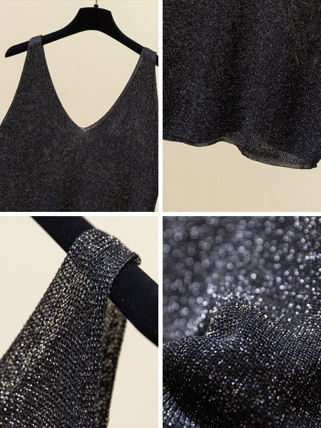 Laiade rihmade ja läikiva efektiga õhukesest kudumisest suures suuruses kaasaegne naiste topp