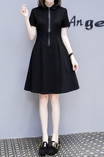 Vabaaja naiste must kleit lühikeste varrukatega, klassikalise krae, lukuga ja suurustega kuni 4XL