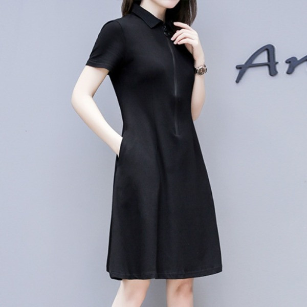 Vabaaja naiste must kleit lühikeste varrukatega, klassikalise krae, lukuga ja suurustega kuni 4XL