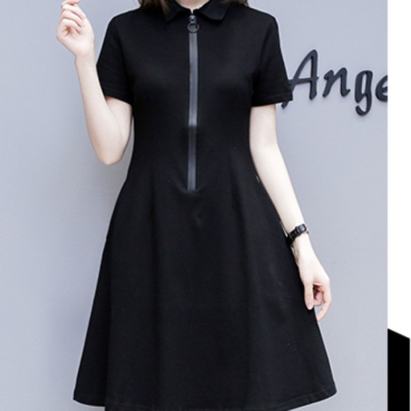 Vabaaja naiste must kleit lühikeste varrukatega, klassikalise krae, lukuga ja suurustega kuni 4XL