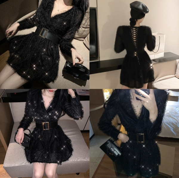 Bolyhos női ruha spitz nyakkivágással, hátul megkötővel