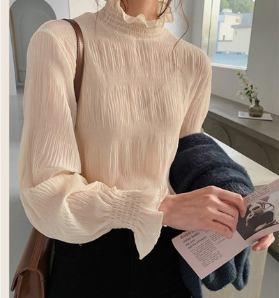 Suures suuruses kõrge krae ja pikkade varrukatega naiste šifoonist särk