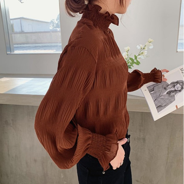 Suures suuruses kõrge krae ja pikkade varrukatega naiste šifoonist särk