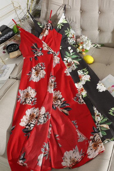 Lillemustri ja peenikeste rihmadega vabaaja pikk naiste kleit