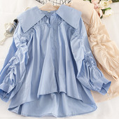 Модерна дамска риза с връзки на ръкавите и класическа яка асиметричен модел