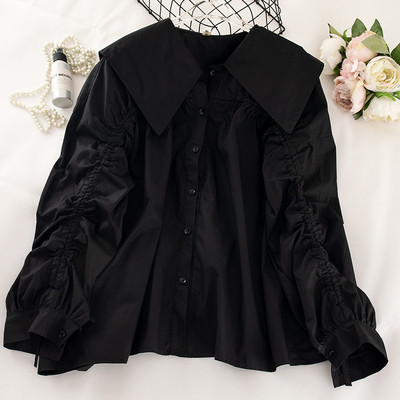 Модерна дамска риза с връзки на ръкавите и класическа яка асиметричен модел