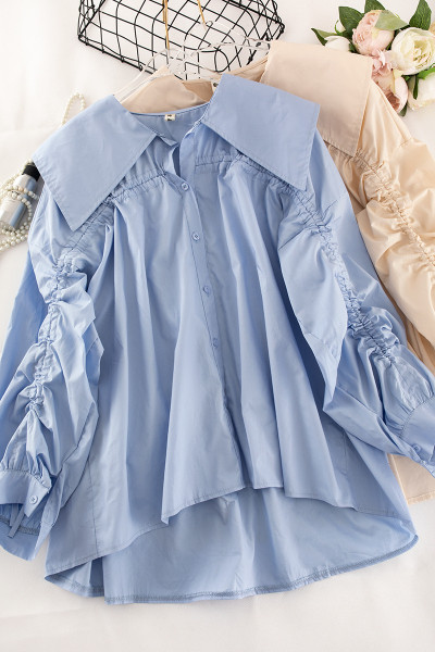 Модерна дамска риза с връзки на ръкавите и класическа яка асиметричен модел