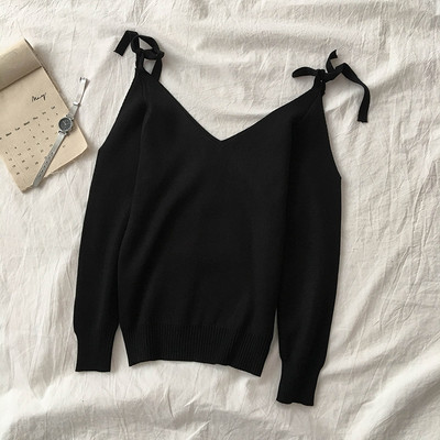 Õhuke paljaste õlgade, spitsikaelusega ja lipsudega naiste kampsun