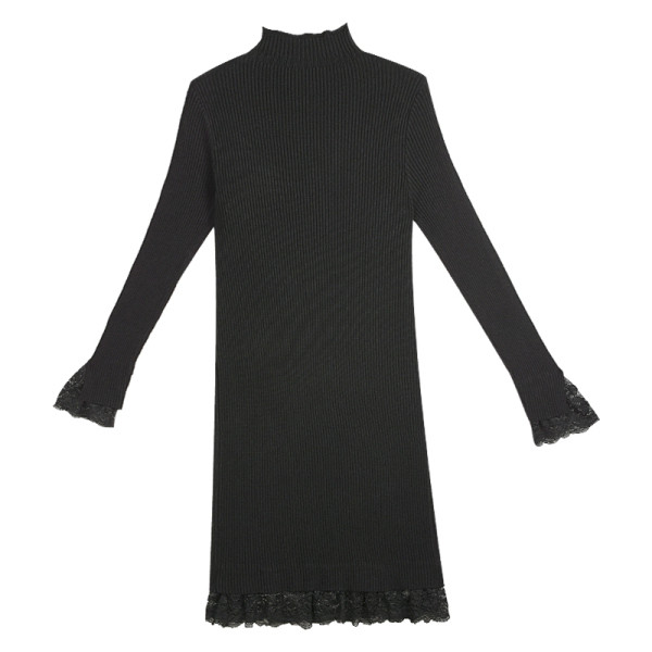 Moodne naiste kleit kõrge kraega ja pikkade pitsiga varrukatega