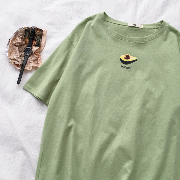 Női széles ujjú pamut póló rövid ujjú avokádó rátéttel