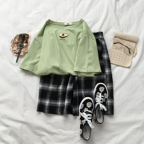 Női széles ujjú pamut póló rövid ujjú avokádó rátéttel