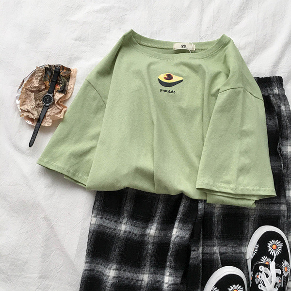 Női széles ujjú pamut póló rövid ujjú avokádó rátéttel