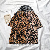 Свободна дамска риза в ретро стил с леопардов десен и къс ръкав