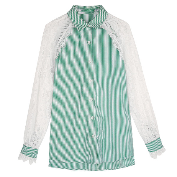 Alkalmi női csíkos ing klasszikus gallérral és csipkeujjakkal