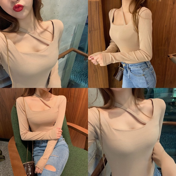 Bézs színű női blúz kivágott résszel - testhezálló modell