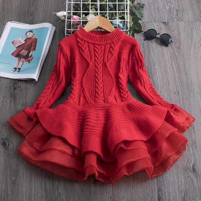 Pletena dječja haljina za djevojčice model kroja s dugim rukavima i tilom