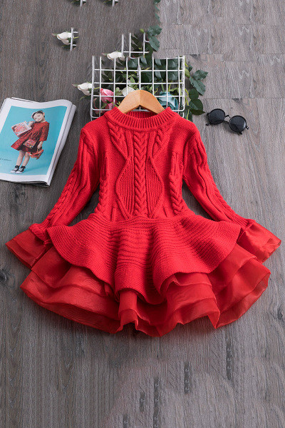 Pletena dječja haljina za djevojčice model kroja s dugim rukavima i tilom