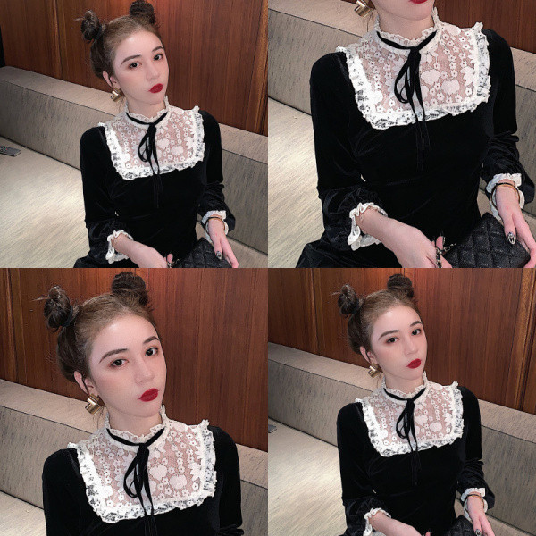 Retro női ruha csipkerészekkel és nyakkendőkkel