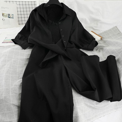 Stiilne naiste komplekt, mis sisaldab 3/4 varrukatega särki ja laia kombinesooni