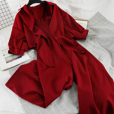 Stiilne naiste komplekt, mis sisaldab 3/4 varrukatega särki ja laia kombinesooni