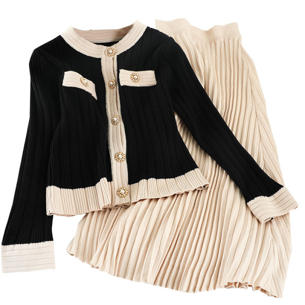 Naprakész női kötött kardigán szett és redős szoknya magas derékkal